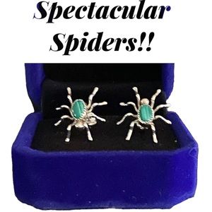 Spectacular Spider Post Earrings. Silver plated with Green Malachite center.